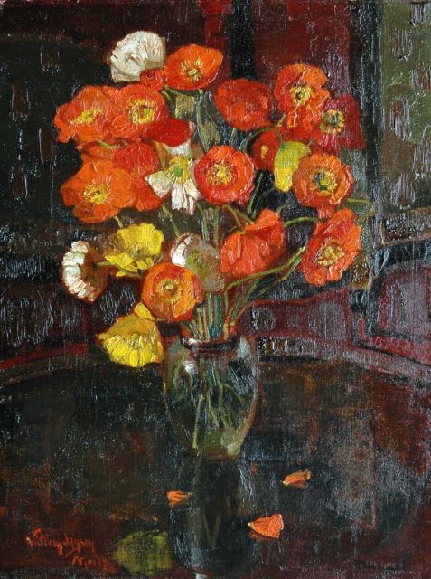 Jansen W.  | Klaprozen in glazen vaas, olieverf op doek 44,7 x 34,5 cm, gesigneerd l.o. en gedateerd mei '17