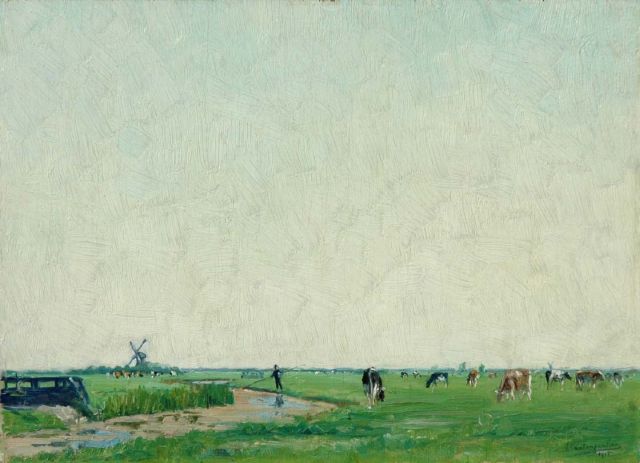 Frans van Tongerloo | Weids polderlandschap met vee, olieverf op paneel, 25,1 x 35,2 cm, gesigneerd r.o. en gedateerd 1915