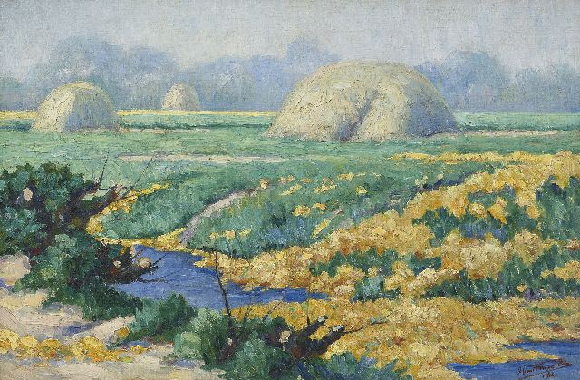 Frans van Tongerloo | Gracht met bloemen en drie rietschelven, olieverf op doek, 40,5 x 60,5 cm, gesigneerd r.o. en gedateerd 1916