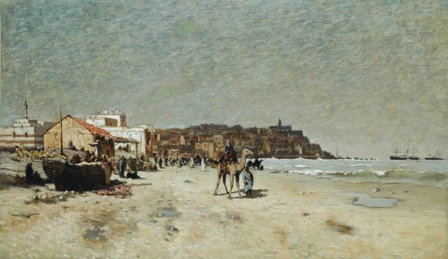 Hendrik Veder | Panoramisch strandgezicht bij Jaffa, olieverf op doek, 90,2 x 152,0 cm, gesigneerd r.o. resten van signatuur