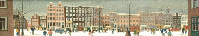 Jaap ter Haar | De postzegelmarkt op de Nieuwezijds Voorburgwal in Amsterdam, olieverf op paneel, 30,1 x 149,5 cm, gesigneerd r.o.