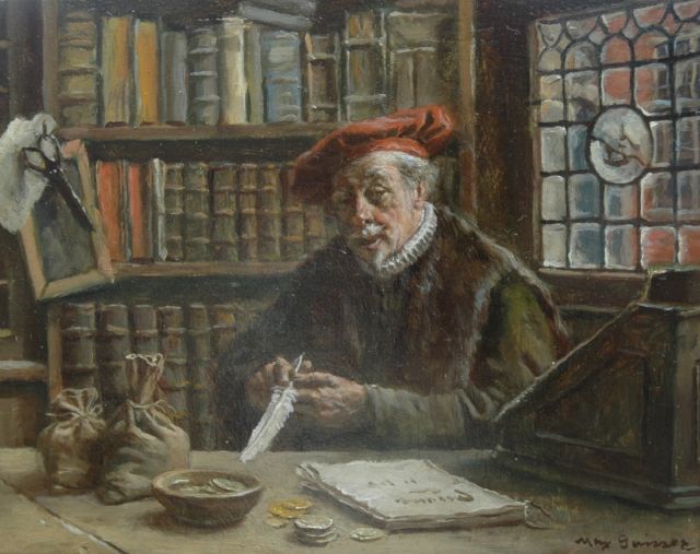 Max Gaisser | De geldwisselaar, olieverf op paneel, 14,3 x 18,1 cm, gesigneerd r.o.
