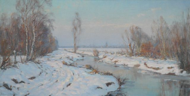 Johan Meijer | Winteravondzon: Gooiersgracht, Eemnes, olieverf op doek, 44,3 x 84,2 cm, gesigneerd verso gesigneerd