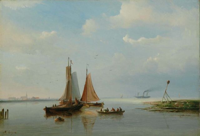 Nicolaas Riegen | Drie botters voor anker bij een havenmond, olieverf op paneel, 29,2 x 42,2 cm, gesigneerd l.o.