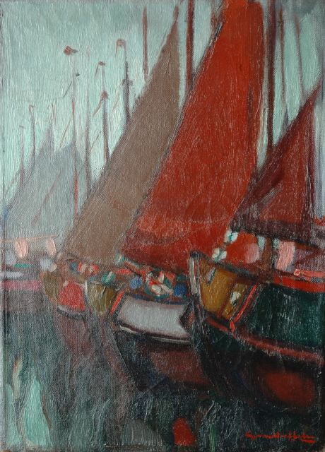Gerrit van Duffelen | Aangemeerde botters in een IJsselmeerhaven, olieverf op doek, 40,2 x 29,3 cm, gesigneerd r.o.