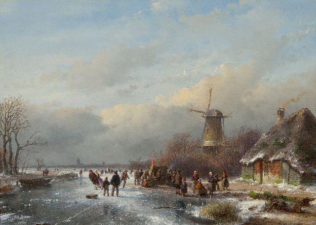Andreas Schelfhout | Drukbevolkt winterlandschap met schaatsers, olieverf op paneel, 33,7 x 47,1 cm, gesigneerd r.o. en gedateerd '58