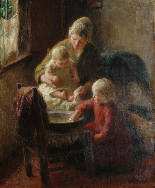 Bernard Pothast | Samen de baby wassen, olieverf op doek, 55,1 x 45,7 cm, gesigneerd r.o.