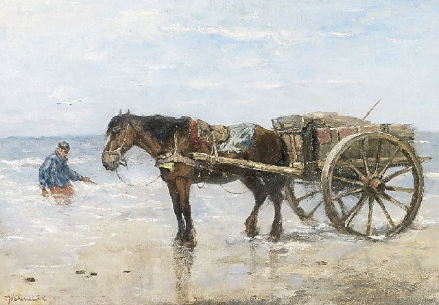 Johan Frederik Cornelis Scherrewitz | Schelpenvisser in de branding, olieverf op doek, 35,2 x 50,3 cm, gesigneerd l.o.