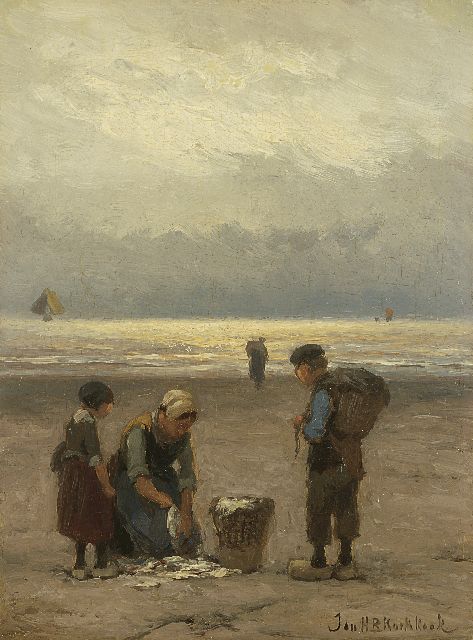 Jan H.B. Koekkoek | Het sorteren van de vangst, olieverf op paneel, 24,2 x 17,8 cm, gesigneerd r.o.