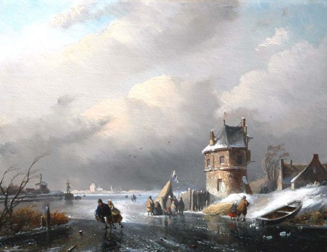 Jan Jacob Spohler | IJsgezicht met figuren bij een koek-en-zopie, olieverf op paneel, 21,9 x 28,5 cm, gesigneerd l.o.