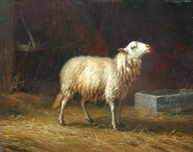 Eugène Verboeckhoven | In de stal, olieverf op paneel, 11,9 x 15,2 cm, gesigneerd r.o. op voederbak en gedateerd 1858