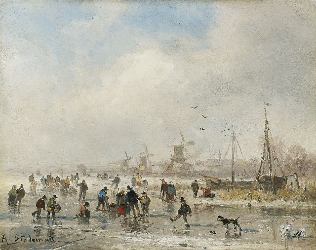 Adolf Stademann | Schaatsers op Hollandse vaart, olieverf op paneel, 21,3 x 27,0 cm, gesigneerd l.o.