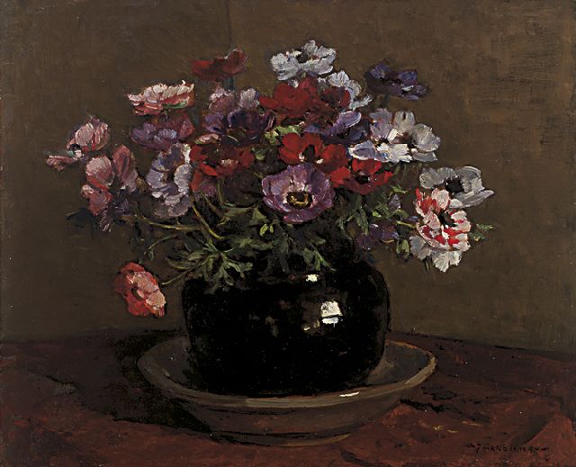 Johannes Evert Akkeringa | Anemonen, olieverf op paneel, 41,4 x 50,4 cm, gesigneerd r.o.