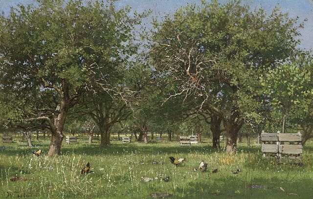 Willem de Famars Testas | Boomgaard met kippen, olieverf op doek op paneel, 22,4 x 34,9 cm, gesigneerd l.o. en gedateerd '81
