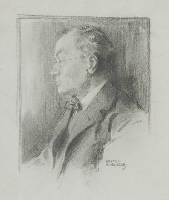 Herman Moerkerk | Portret van de componist Alphons Diepenbrock, zwart krijt op papier, 14,4 x 12,9 cm, gesigneerd r.o.