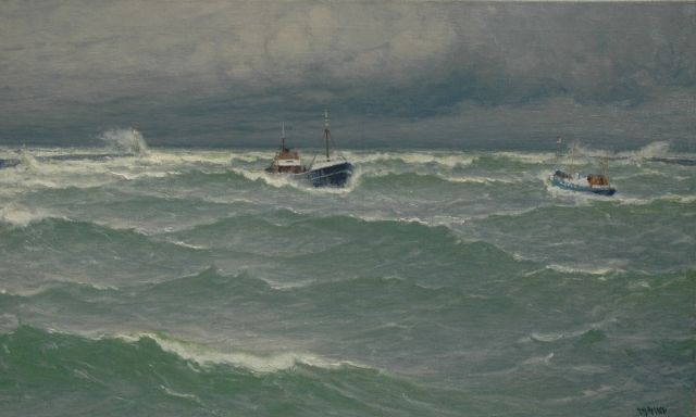 Henk Dekker | De 'Scheveningen 5' bij de haveningang, olieverf op doek, 60,7 x 100,3 cm, gesigneerd r.o.