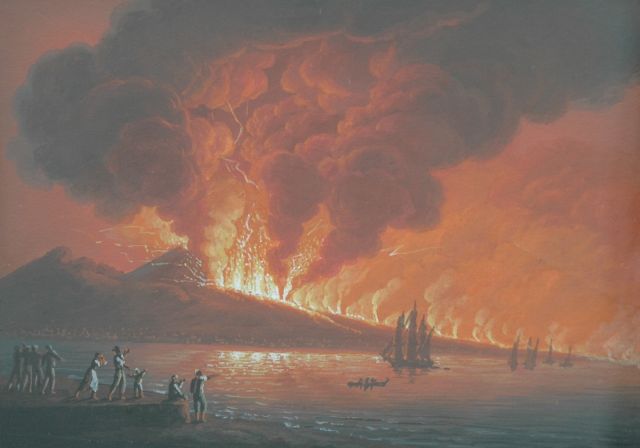 Italiaanse School, 19e eeuw | Uitbarsting van de Vesuvius bij nacht, op 15 juni 1794, gouache op papier, 23,5 x 29,0 cm