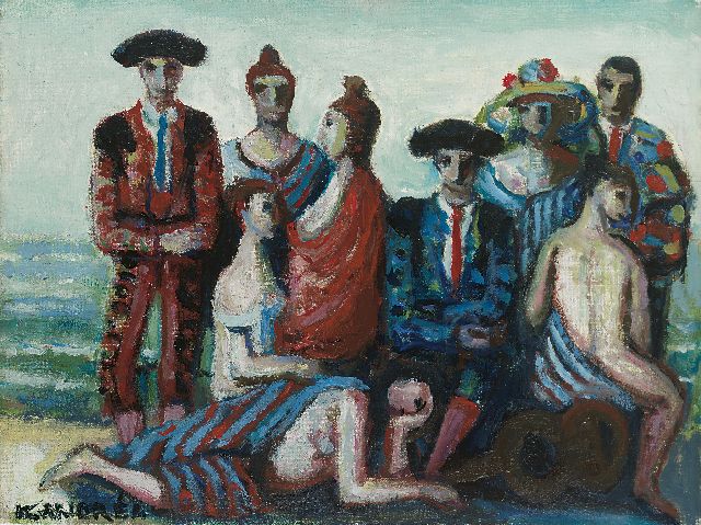 Kees Andréa | Toreros aan de zee, olieverf op schildersboard, 29,8 x 39,6 cm, gesigneerd l.o.