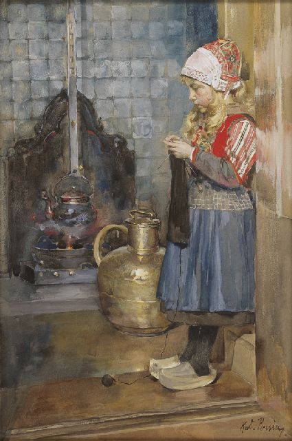 Rudolf Possin | Markens breistertje bij een schouw, aquarel op papier, 27,0 x 19,0 cm, gesigneerd r.o.