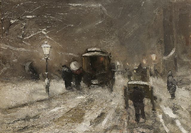 Morgenstjerne Munthe | Winters straatbeeld met paardentrams bij avond, olieverf op doek, 47,3 x 66,1 cm, gesigneerd l.o. en gedateerd 1900
