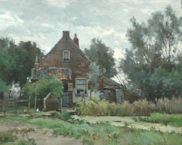 Chris van der Windt | Erf met boer en kippen, olieverf op doek, 40,2 x 50,2 cm, gesigneerd l.o.