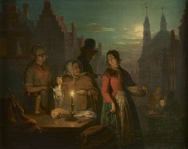 Jan Hendrik van Grootvelt | Avondmarkt in Ravenstein, olieverf op paneel, 26,6 x 33,6 cm, gesigneerd r.o.