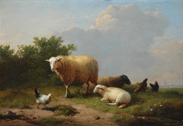 Eugène Verboeckhoven | Schapen en pluimvee in een weidelandschap, olieverf op paneel, 14,0 x 20,3 cm, gesigneerd r.o. en gedateerd 1874