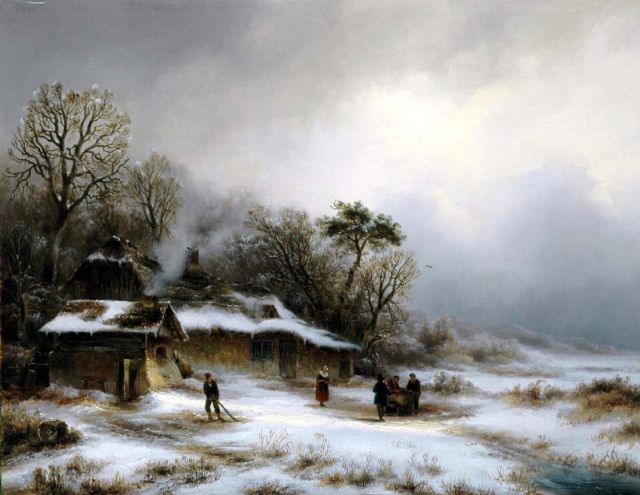 Anton Braakman | Boerenbehuizing in besneeuwd duinlandschap, olieverf op paneel, 32,7 x 42,4 cm