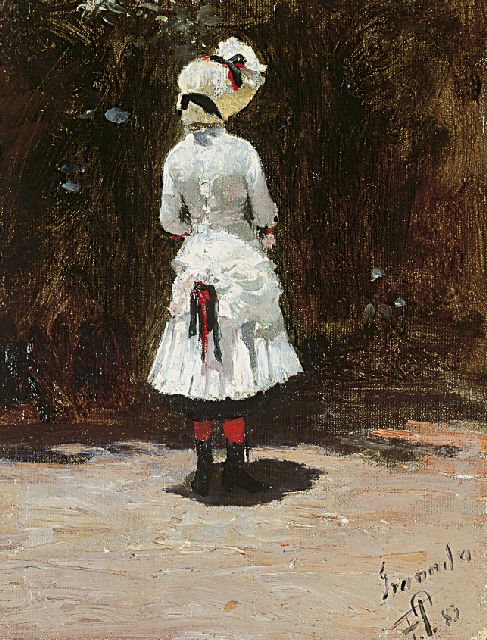 Francisco Peralta del Campo | Spaans meisje, olieverf op doek op board, 19,5 x 14,8 cm, gesigneerd r.o. met initialen en gedateerd '83