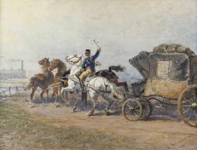 Cornelis Albertus Johannes Schermer | Halt voor de trein!, aquarel op papier, 55,4 x 72,3 cm, gesigneerd r.o. en gedateerd 1911