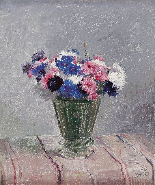 Harm Kamerlingh Onnes | Bloemen in glazen vaas, olieverf op schildersboard, 35,7 x 30,1 cm, gesigneerd r.o. met monogram en gedateerd '58