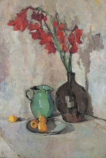 Dick Ket | Stilleven met rode gladiolen in bruine kruik en citroenen, olieverf op doek, 117,0 x 79,2 cm, gesigneerd r.o. + voorzien van atelierstempel en gedateerd '25