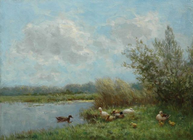 Constant Artz | Eendenfamilie langs de slootkant, olieverf op paneel, 30,0 x 40,0 cm, gesigneerd l.o.