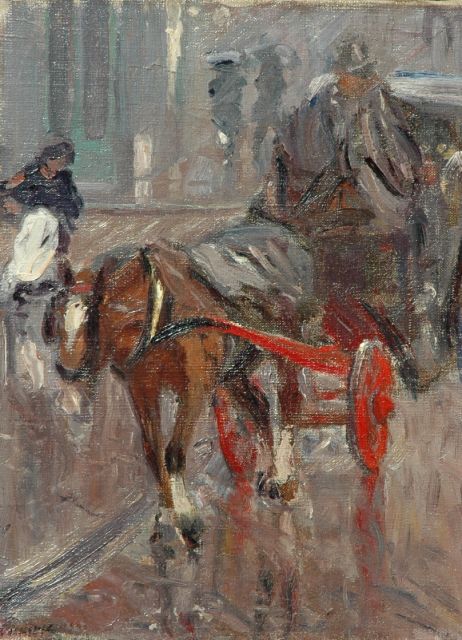 Maurits Niekerk | Koets in de regen, olieverf op doek, 49,8 x 37,5 cm, gesigneerd l.o. en gedateerd 1900