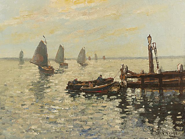 Ben Viegers | Uitzeilende botters bij Volendam, olieverf op doek, 30,3 x 40,0 cm, gesigneerd r.o.
