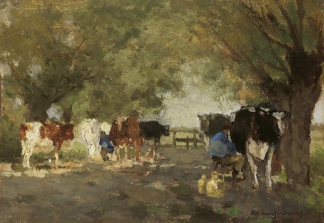 Jan Hendrik Weissenbruch | Melktijd, olieverf op doek op paneel, 20,8 x 29,7 cm, gesigneerd r.o.