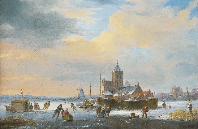 Jacobus van der Stok | IJsvermaak met schaatsers en koek-en-zopie, olieverf op paneel, 20,5 x 30,5 cm, gesigneerd r.o.