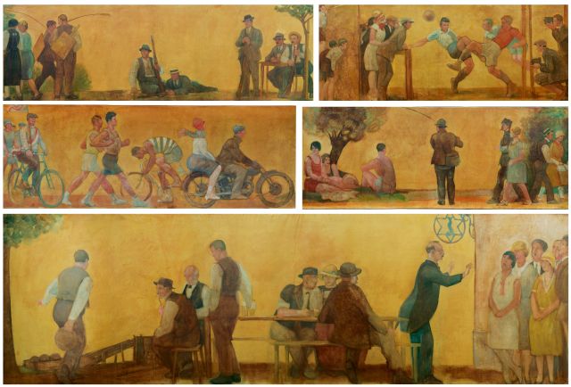 Emil Cardinaux | Cyclus van sportwedstrijden, 5-delig: de jacht, voetbal, fietsen, snelwandelen, wielrennen, motorrijden, vissen, wandelen, bowlen, relax, zingen., olieverf op doek, 125,0 x 2000,0 cm, gesigneerd r.o. en gedateerd '30