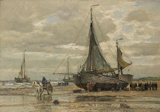 Wilhem Hambüchen | Vissersvolk bij een bom op het strand van Katwijk, olieverf op doek, 82,0 x 117,4 cm, gesigneerd r.o.