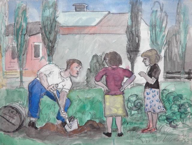 Harm Kamerlingh Onnes | De tuinman, zwart krijt, pen en inkt en aquarel op papier, 25,5 x 32,7 cm, gesigneerd r.o. met initialen en gedateerd '53