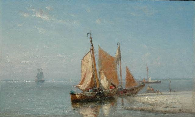 Jan Frederik Schütz | Het drogen van de zeilen, olieverf op paneel, 31,4 x 52,2 cm