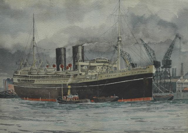 Robert Trenaman Back | Het stoomschip Parapindi aan de kade, aquarel op papier, 25,5 x 35,6 cm, gesigneerd r.o. en verso en gedateerd 1938