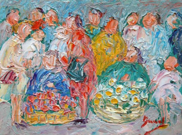 Banet R.  | Familiefeest, olieverf op board 17,9 x 23,7 cm, gesigneerd r.o.