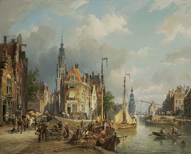 Christiaan Dommelshuizen | De Zwanenburgwal met de Montelbaanstoren in de verte, Amsterdam, olieverf op doek, 61,6 x 76,5 cm, gesigneerd m.o. op de loopplank en met initialen op de viskar en gedateerd 'Bruxelles 1873'
