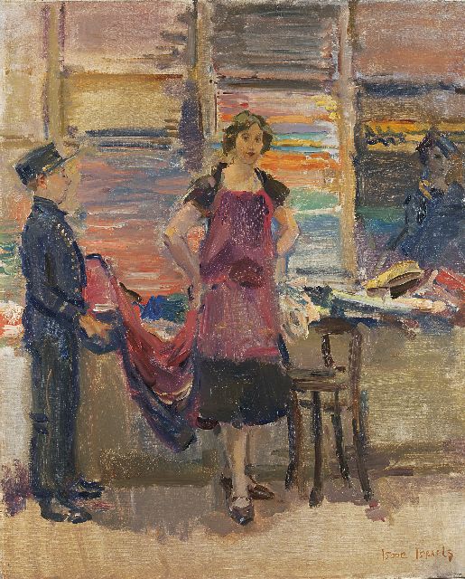 Isaac Israels | Stoffen passen in Maison Wijnman, Den Haag, olieverf op doek, 80,0 x 65,5 cm, gesigneerd r.o. en te dateren 1925-1926