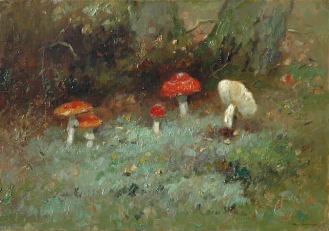 Aris Knikker | Paddestoelen in het bos, olieverf op doek, 35,2 x 50,3 cm, gesigneerd r.o.