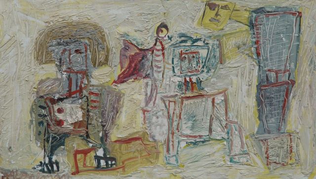 Hans Veneman | Figuren en vogel, olieverf op formica, 22,5 x 39,7 cm, gesigneerd l.o. en verso