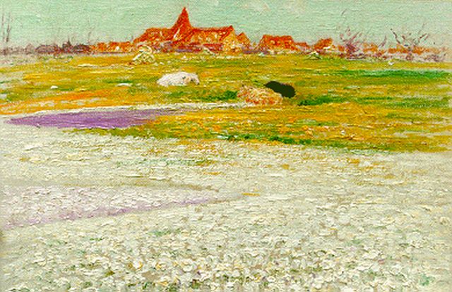 Albert Lefebvre | Bollenvelden met dorpje op achtergrond, olieverf op doek, 26,0 x 35,5 cm, gesigneerd l.o.
