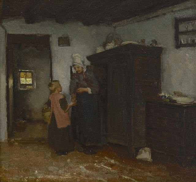 Albert Neuhuys | Boereninterieur met Dongense boerin en kind, olieverf op paneel, 40,4 x 43,7 cm, gesigneerd verso op etiket