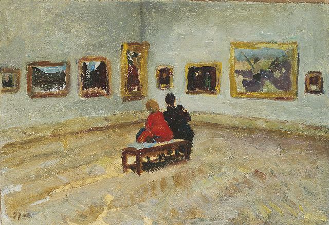 Gabriel Spat | In het museum, olieverf op doek op board, 18,7 x 26,2 cm, gesigneerd l.o.